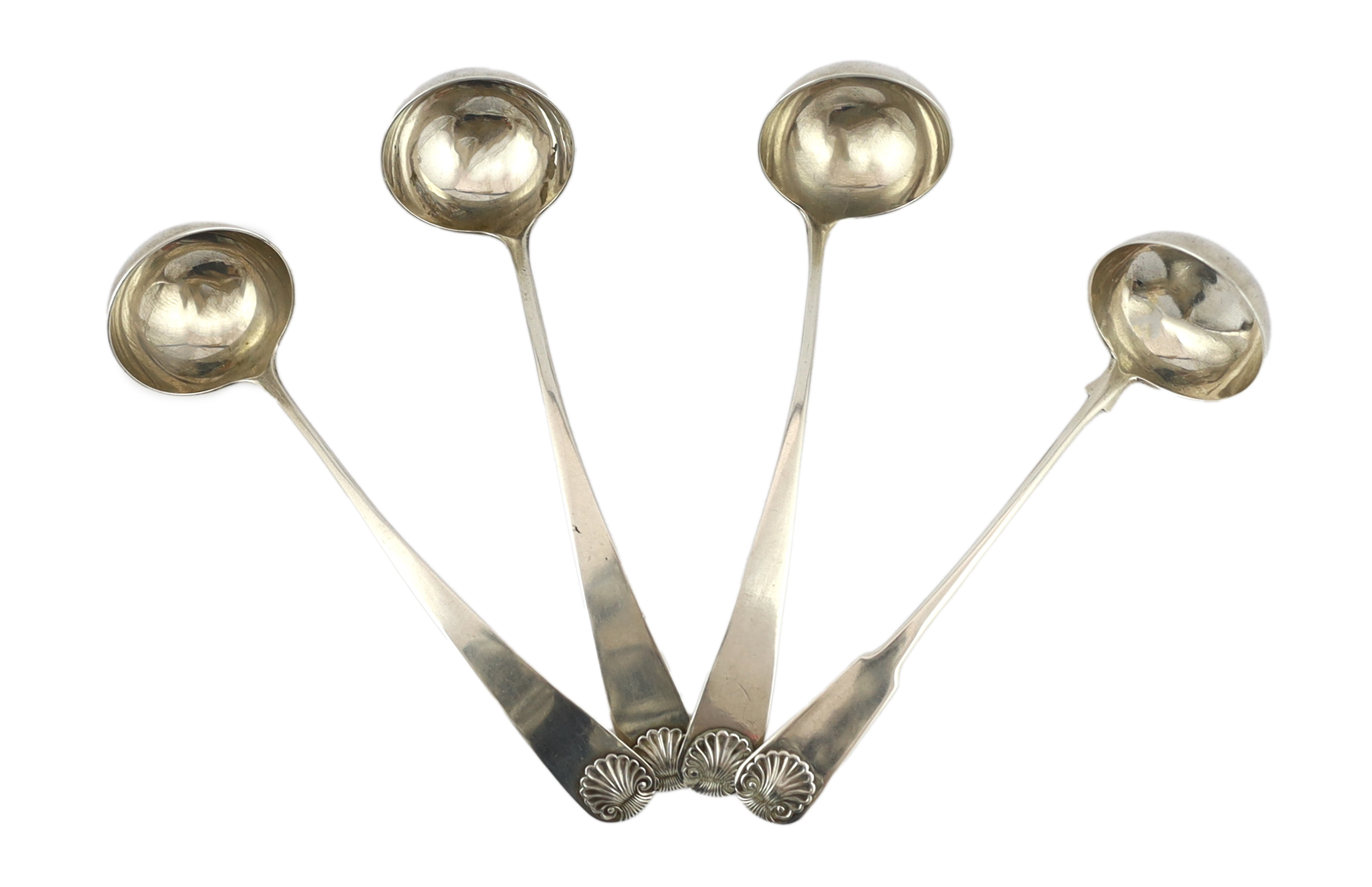 A set of three George III Scottish Provincial silver Old English shell pattern toddy ladles, by John Keith, Banff, circa 1795-1800, together with an early Victorian Scottish Provincial fiddle and shell pattern toddy ladl